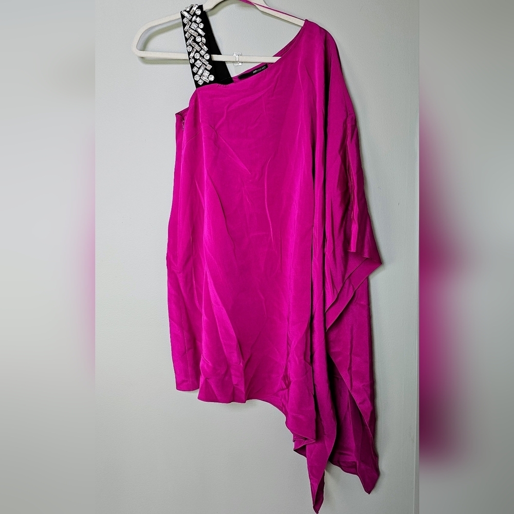 Jay Godfrey Size 0 Asymmetrical Magenta Silk Mini Dress Crystal Shoulder NEW! - Picture 2 of 8